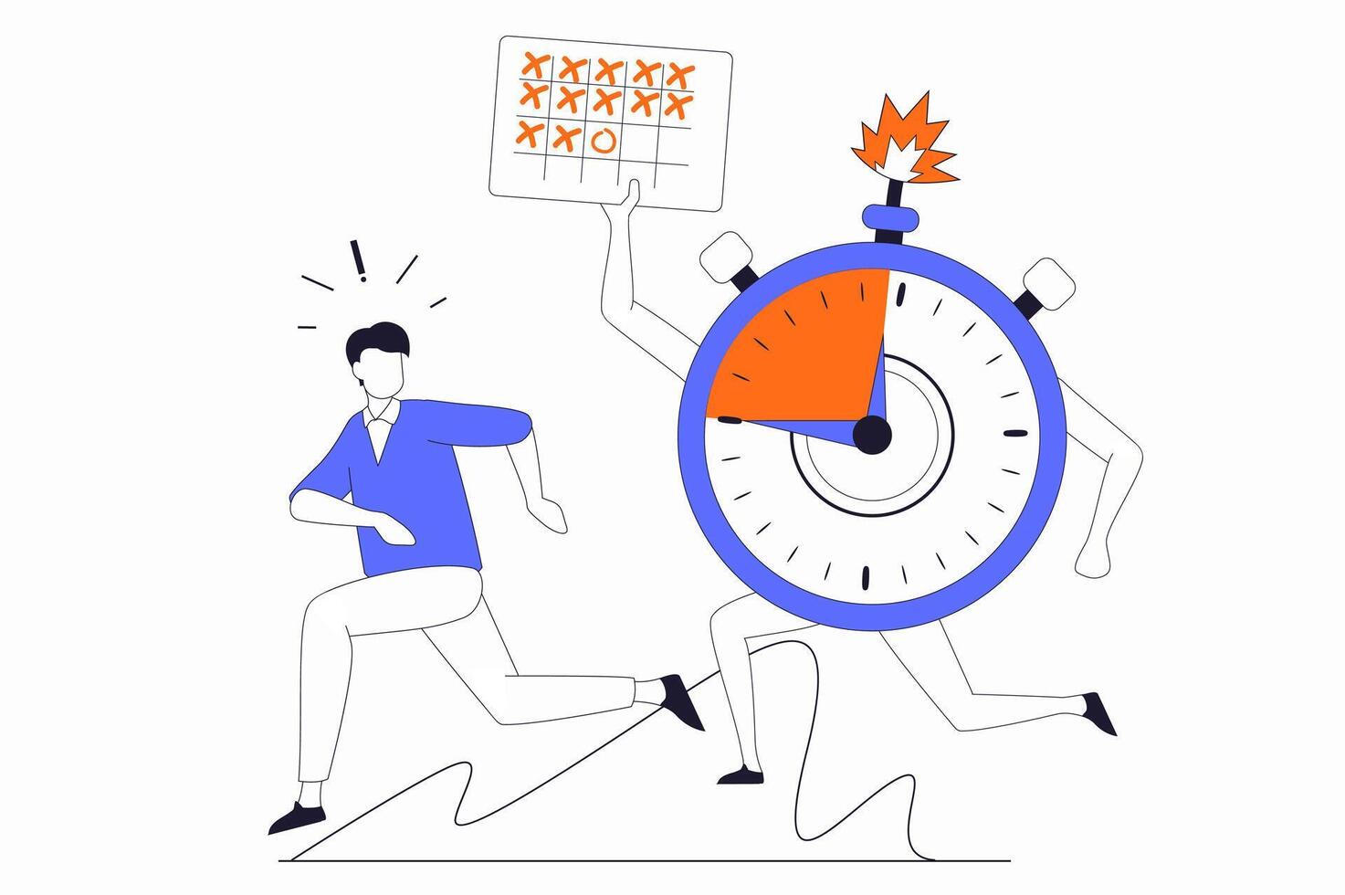 Deadline concept with people scene in flat outline design. Man runs away from ticking clock. Employee hurry to perform work tasks in office. illustration with line character situation for web vector