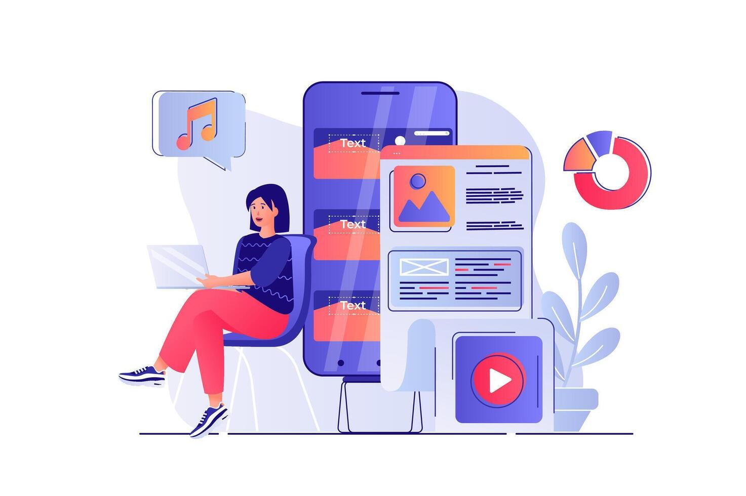 Content manager concept with people scene. Woman making content plan, creating content and fills site with , audio and graphics. illustration with characters in flat design for web vector