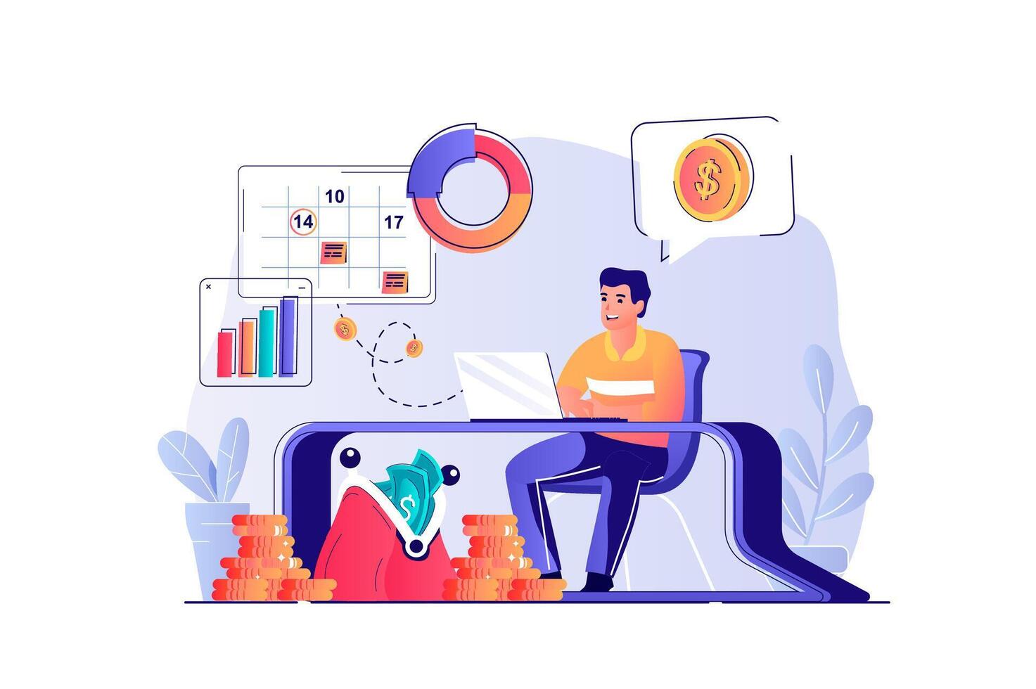 Planning financial budget concept with people scene. Man calculating and analyzes financial statistics and planning payments in calendar. illustration with characters in flat design for web vector