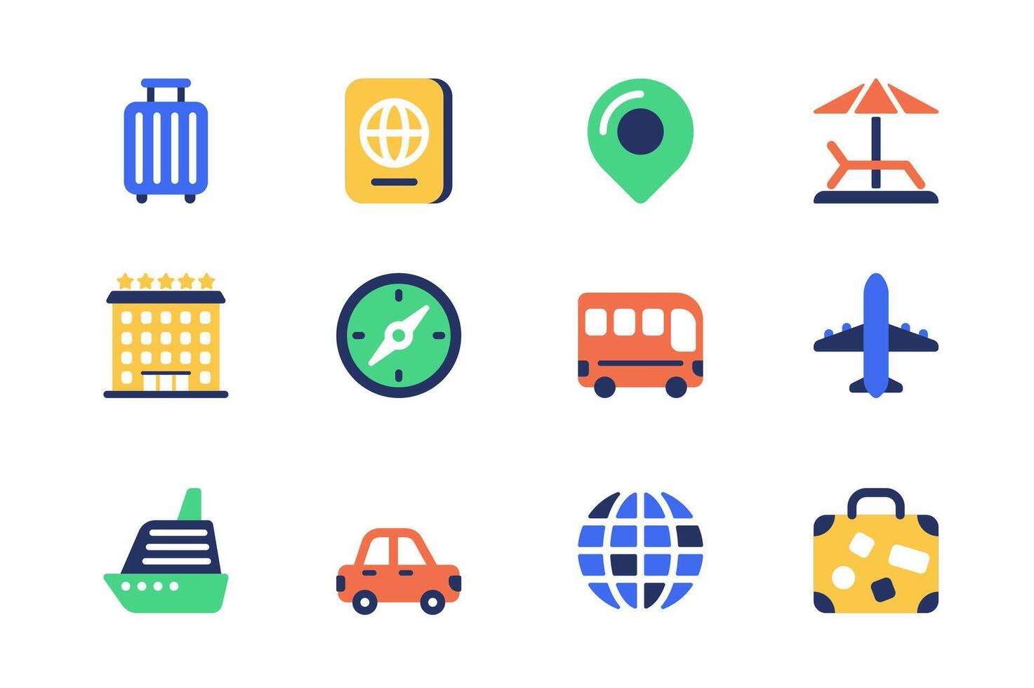 Travel vacation concept of web icons set in simple flat design. Pack of luggage, passport, location, beach relaxation, hotel, compass, bus, airplane, ship and other. pictograms for mobile app vector