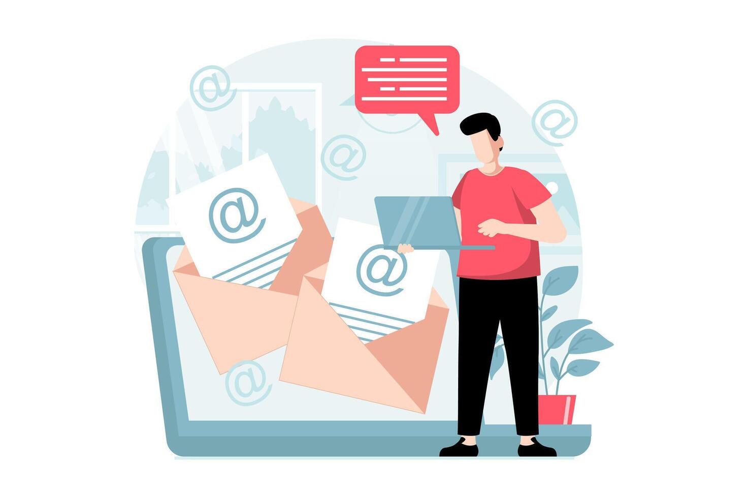 Email service concept with people scene in flat design. Man receiving lot of letters from online contacts and answering using mail client app. illustration with character situation for web vector