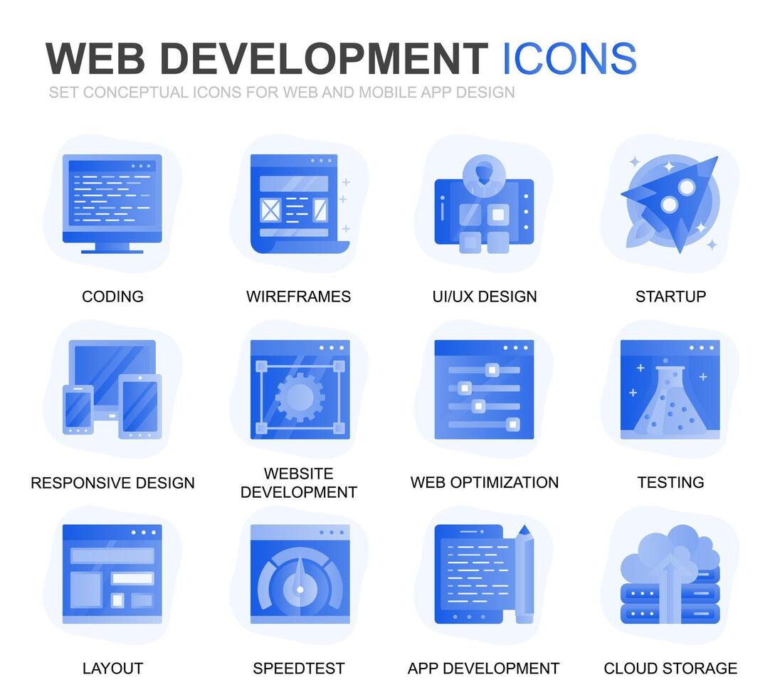 Modern Set Web Disign and Development Gradient Flat Icons for Website and Mobile Apps. Contains such Icons as Coding, App Development, Usability. Conceptual color flat icon. pictogram pack. vector