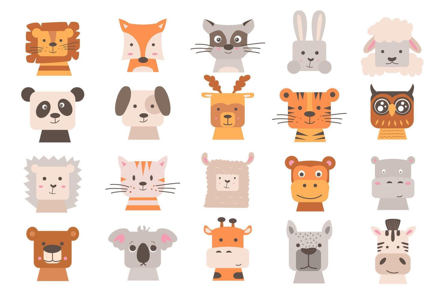 Animals heads set with cute cartoon elements in flat design. Bundle of lion, fox, raccoon, rabbit, sheep, panda, dog, tiger, owl, hedgehog, cat, lama and other isolated stickers. illustration. vector