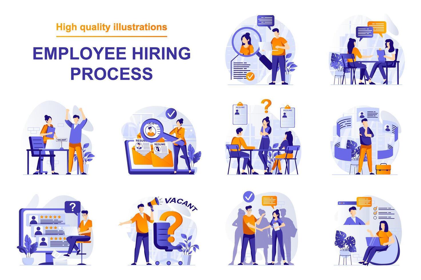 Employee hiring process web concept with people scenes set in flat style. Bundle of human resources, choose resume, open vacancy in office, job interview. illustration with character design vector