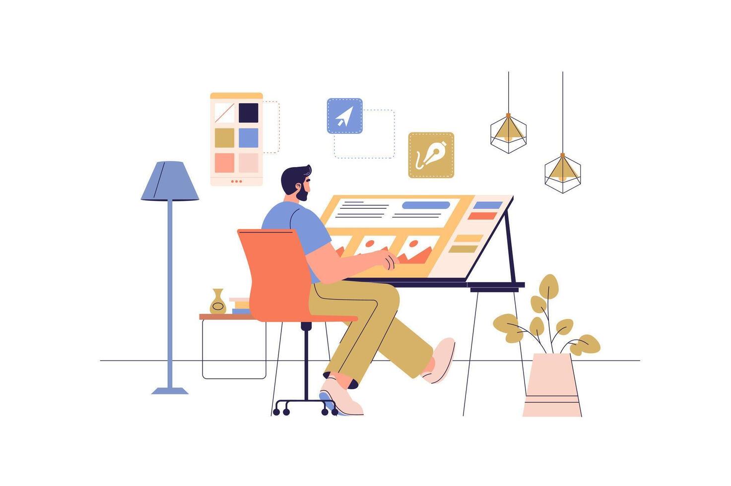Designer studio web concept with people scene. Illustrator working at drawing table with pen and palette. Creative artist making content. Character situation in flat design. illustration. vector