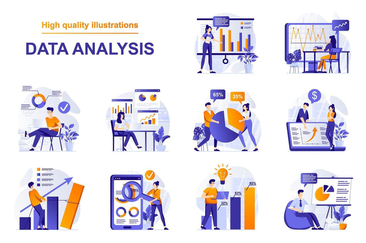 Data analysis web concept with people scenes set in flat style. Bundle of searching statistics at charts or graphs, making financial reports, research market. illustration with character design vector