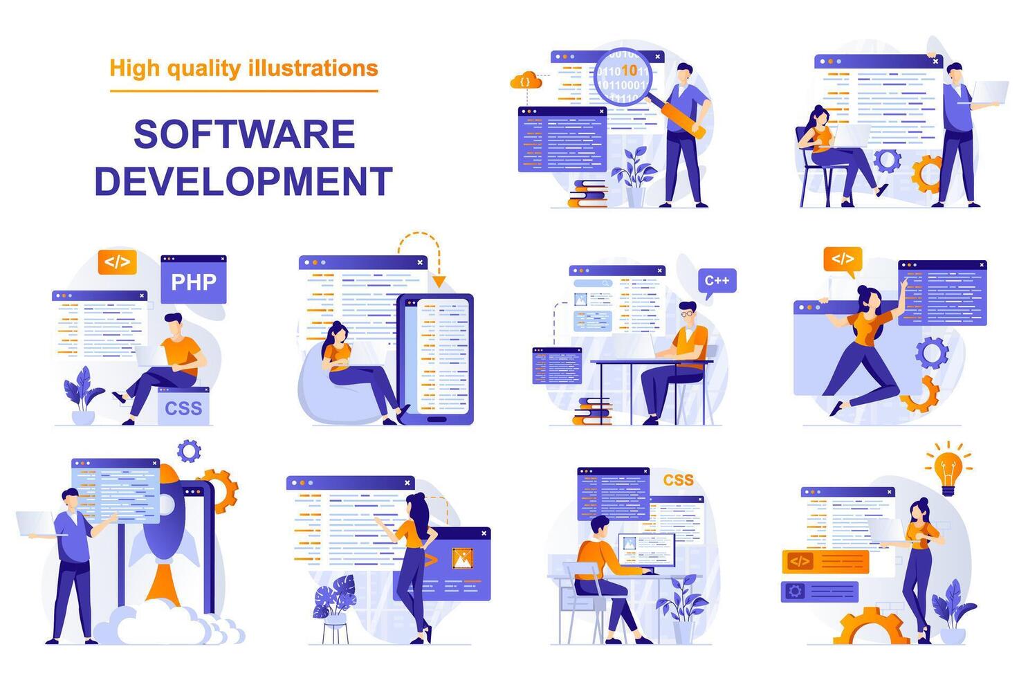 software desarrollo web concepto con personas escenas conjunto en plano estilo. haz de backend desarrollo, programación, trabajando con resumen código y guiones. ilustración con personaje diseño vector