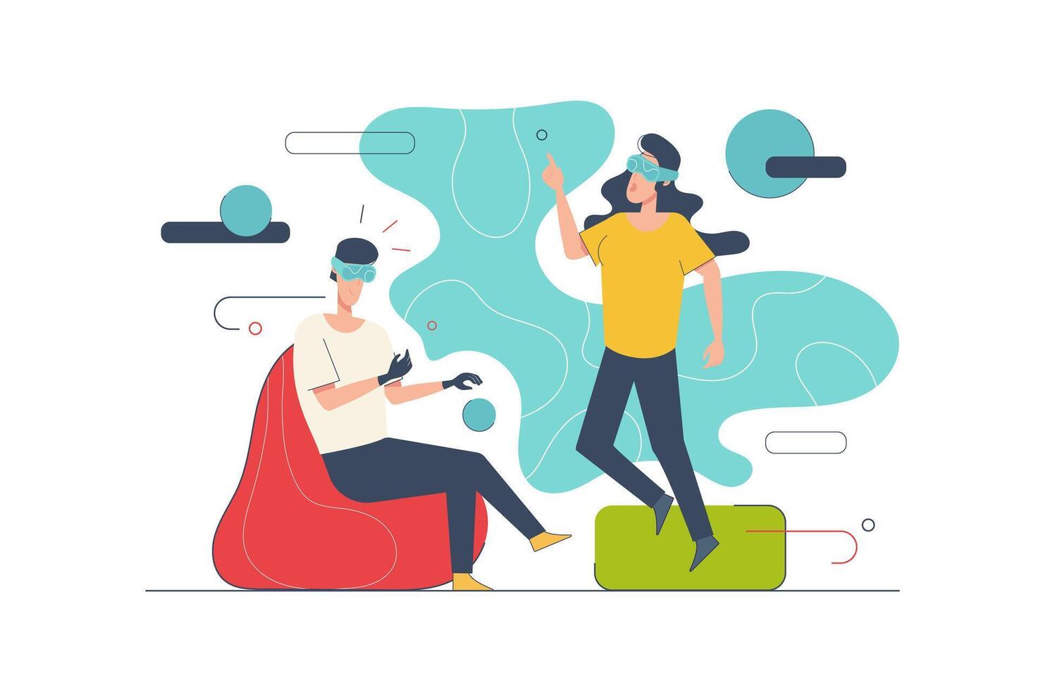 Virtual reality concept with people scene in flat cartoon design. Man and woman in VR glasses interacts with augmented reality in virtual world. illustration with character situation for web vector