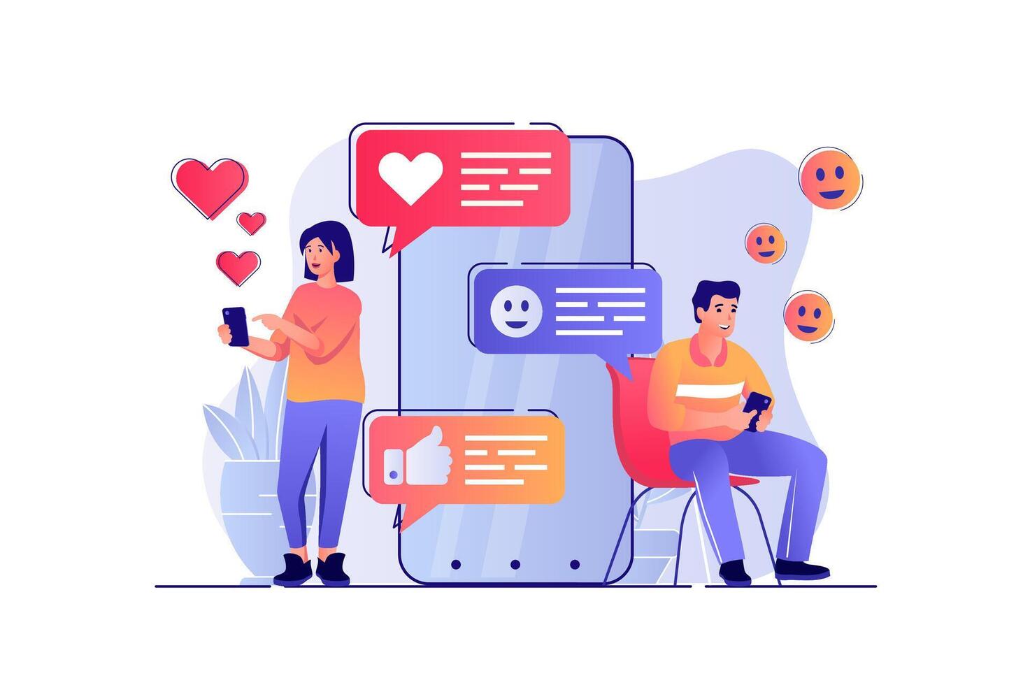 social red concepto con personas escena. mujer y hombre escritura mensajes, charlando, tener una cita, hojeada Noticias alimentar, publicaciones y gustos en aplicación ilustración con caracteres en plano diseño para web vector