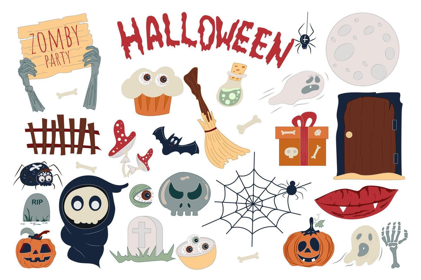 Halloween holiday set with cute cartoon elements in flat design. Bundle of zombie, cupcake, poison, ghost, moon, mushroom, spider, pumpkin, cemetery and other isolated stickers. illustration. vector