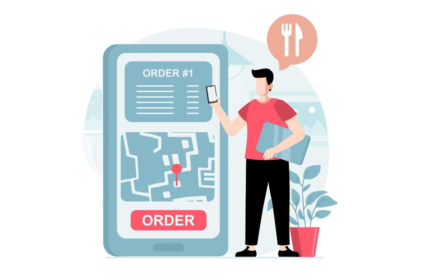 Delivery service concept with people scene in flat design. Man orders goods and food online, tracks courier route and location in mobile app. illustration with character situation for web vector