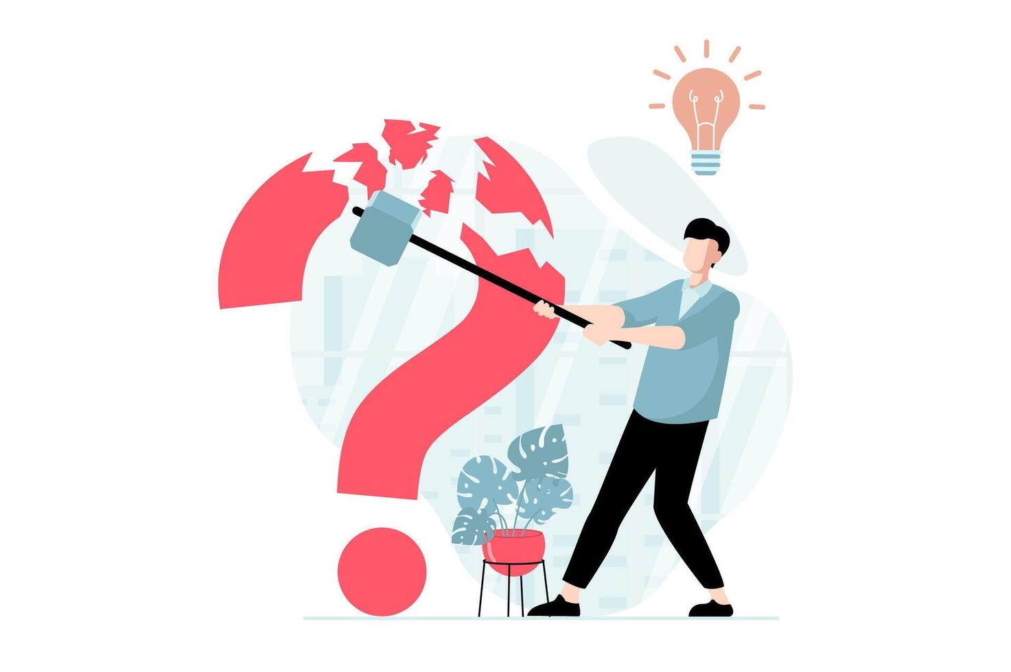 Finding solution concept with people scene in flat design. Man generates new ideas and brainstorming answers, creates solutions and solves problem. illustration with character situation for web vector