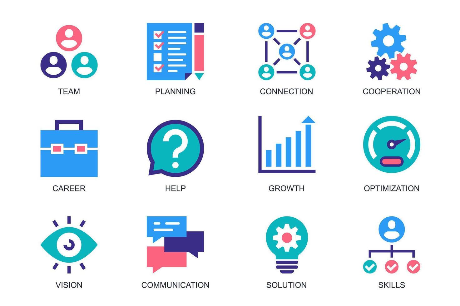 Teamwork concept of web icons set in simple flat design. Pack of team, planning, connection, cooperation, career, help, growth, optimization, vision, solution, skills. pictograms for mobile app vector