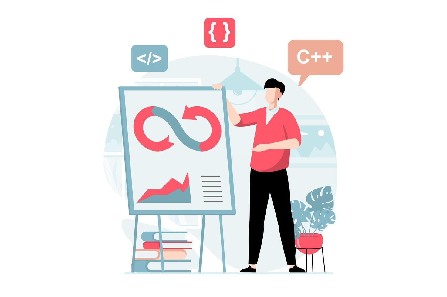 DevOps concept with people scene in flat design. Man programmer coding and creating software, optimizing workflow and agile project management. illustration with character situation for web vector
