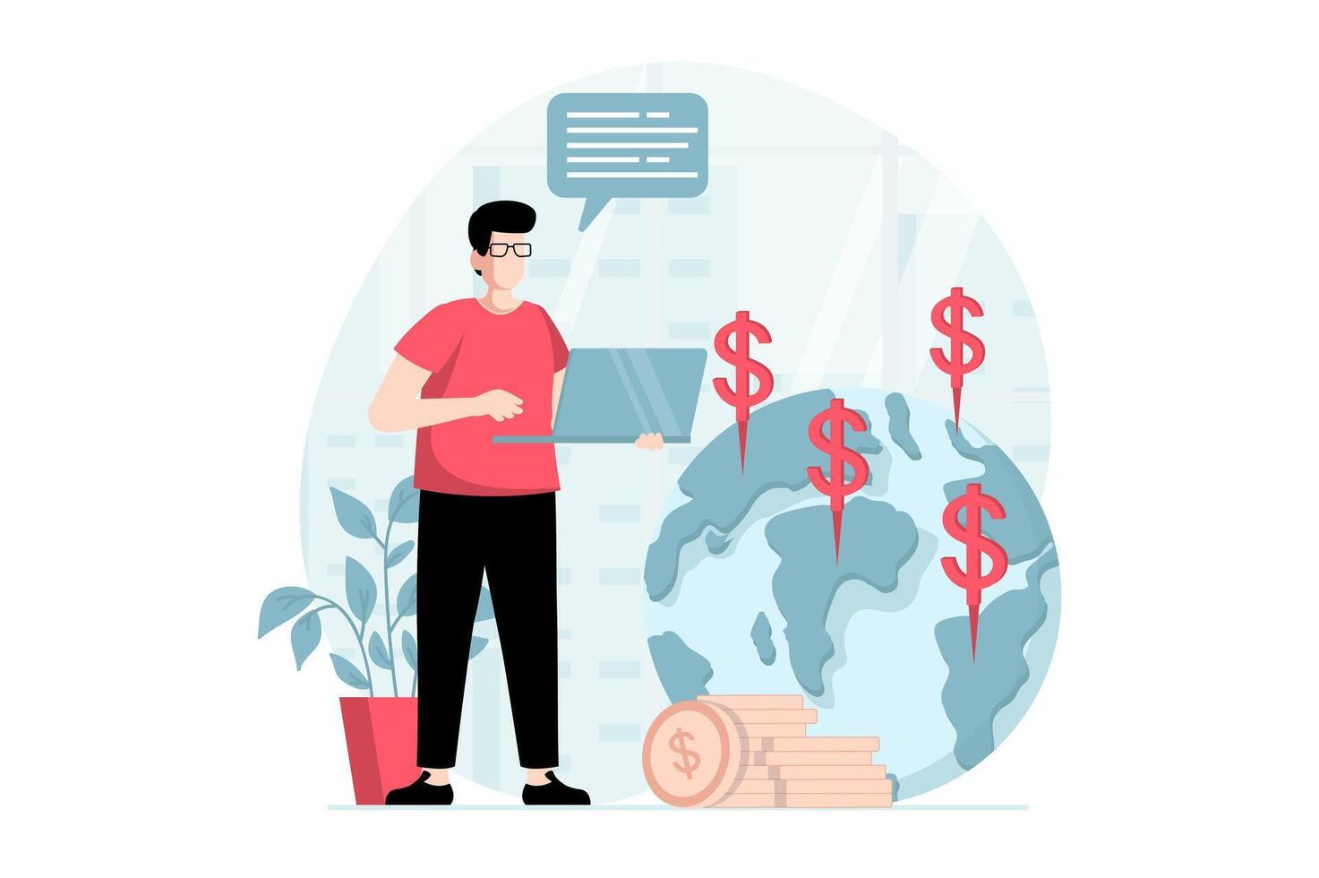 Global economic concept with people scene in flat design. Man explores market trends, invests money in international companies and makes profit. illustration with character situation for web vector
