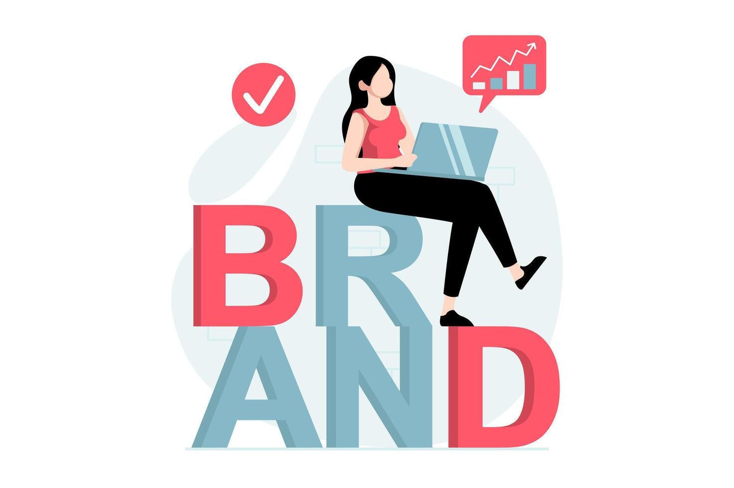 Branding team concept with people scene in flat design. Woman analyzing data and planning success strategy, brainstorm and targeting for brand. illustration with character situation for web vector