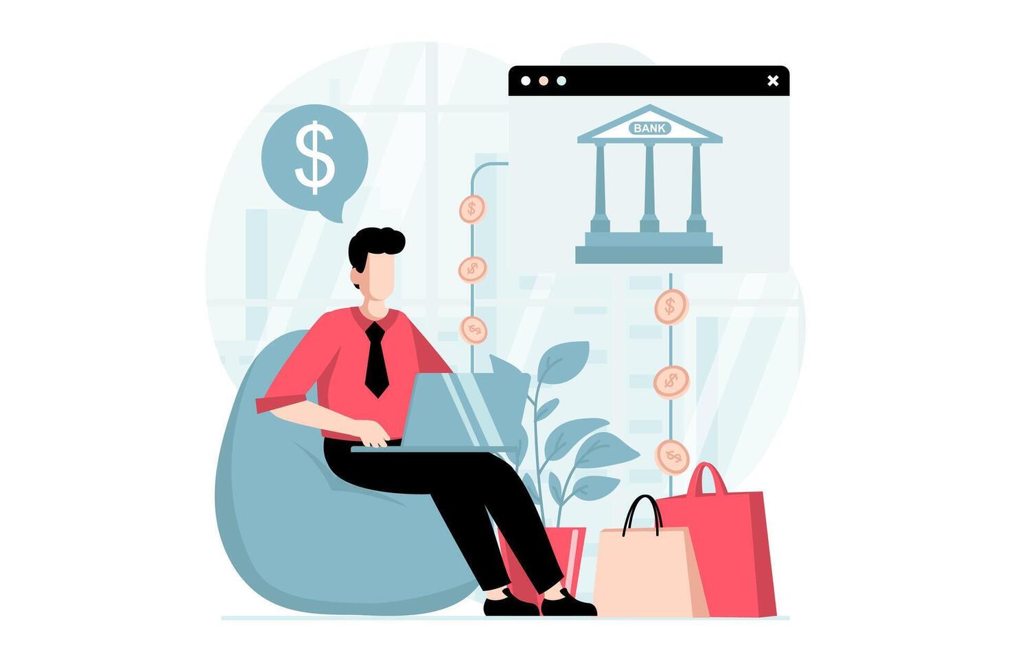 pago electrónico concepto con personas escena en plano diseño. hombre hace en línea compras y paga para compras con crédito tarjeta recepción devolución de dinero desde banco. ilustración con personaje situación para web vector