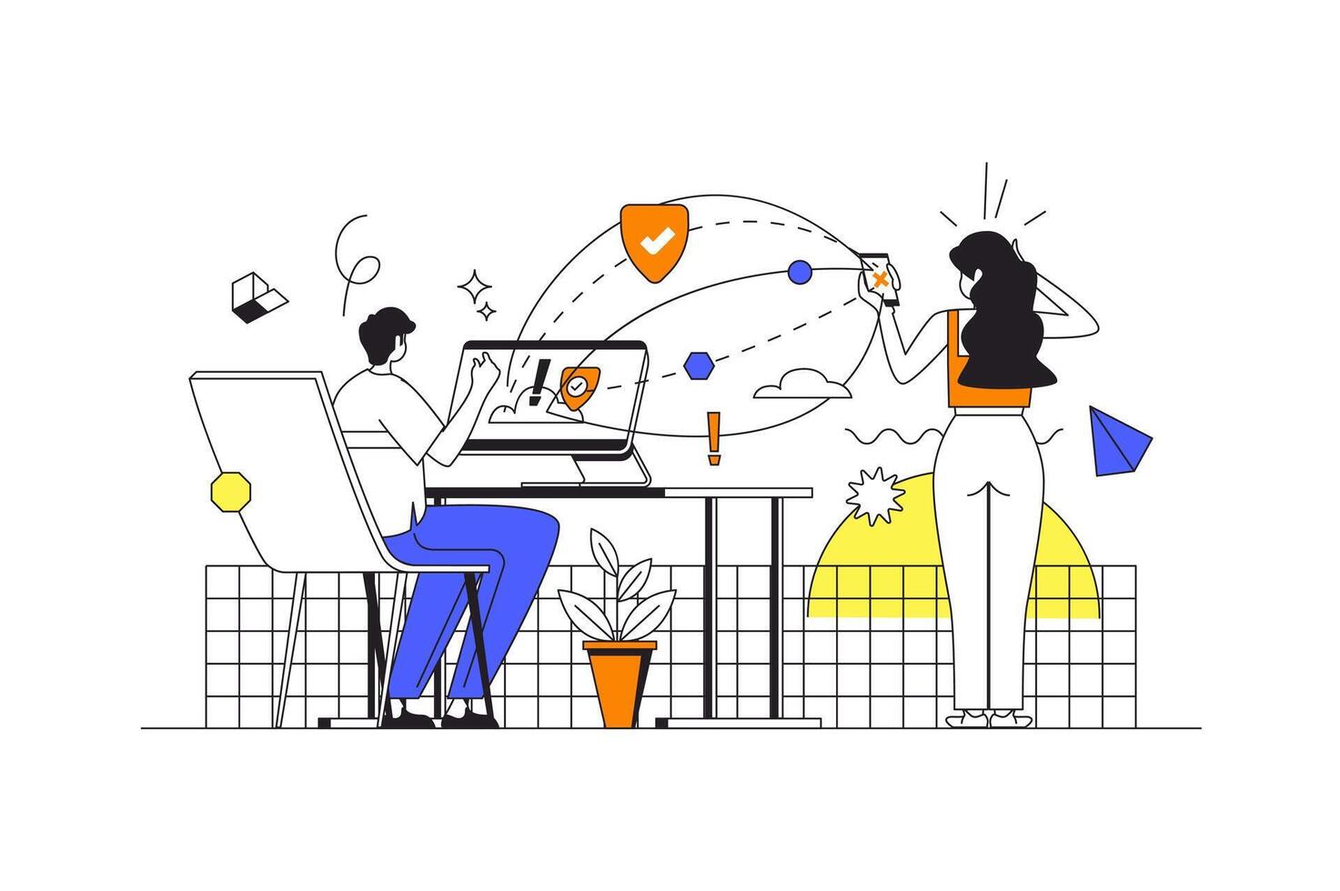 Cloud storage web concept in flat outline design with characters. Man transfers content and files to cloud, woman receiving files on smartphone online. Data transfer people scene. illustration. vector
