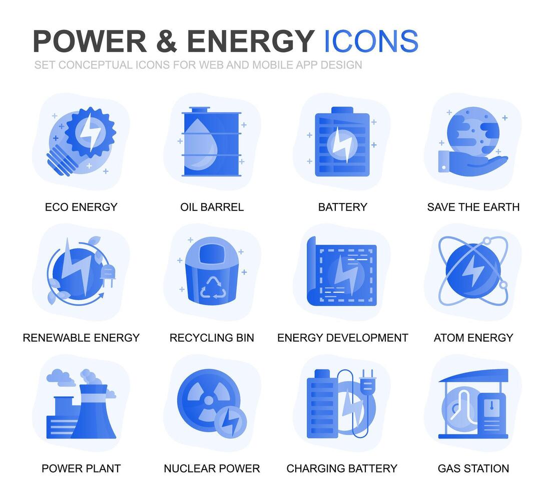 Modern Set Power Industry and Energy Gradient Flat Icons for Website and Mobile Apps. Contains such Icons as Solar Panel, Eco Energy, Power Plant. Conceptual color flat icon. pictogram pack. vector