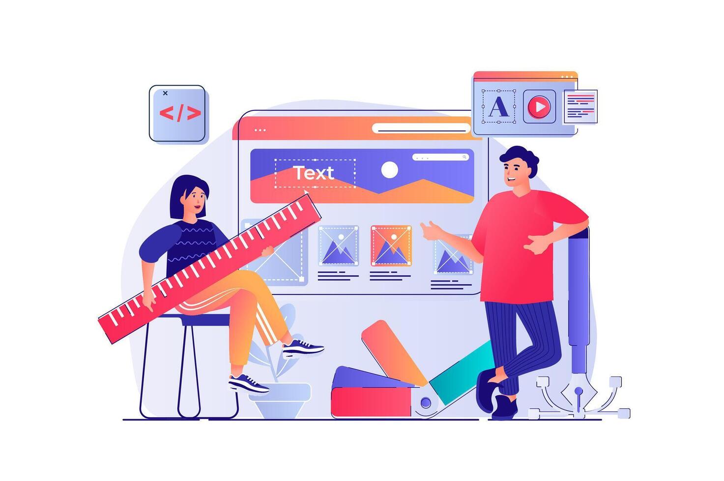 Web design concept with people scene. Man and woman designers creating site layout and place graphic elements and navigation buttons. illustration with characters in flat design for web vector