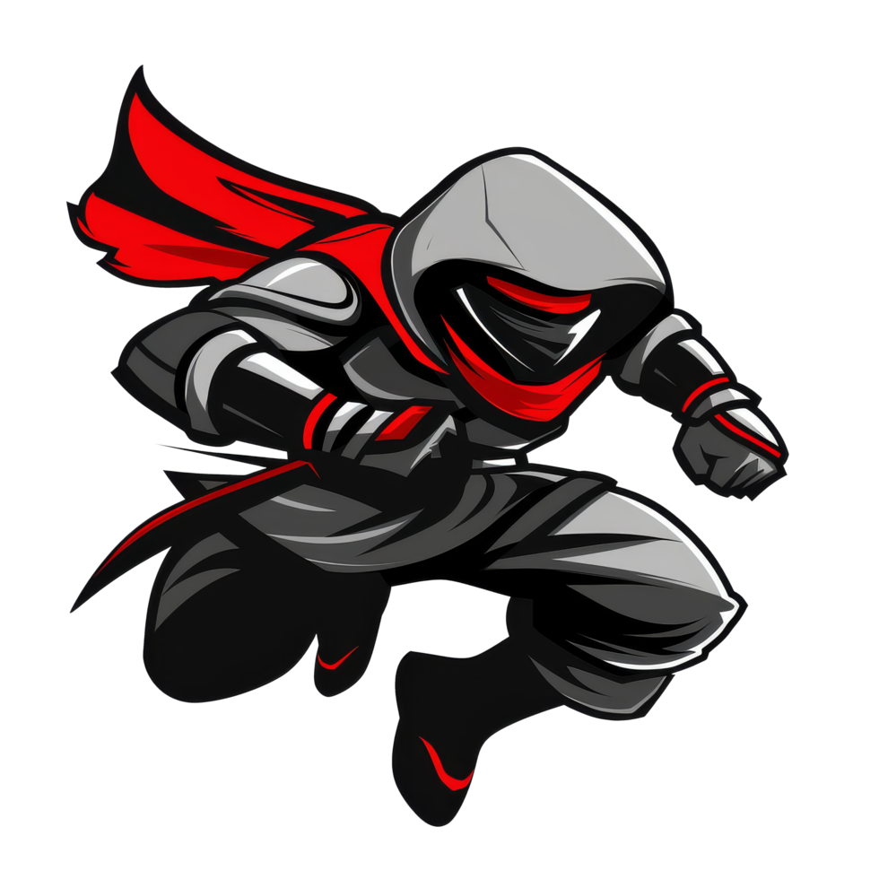 Armored superhero in a dynamic leap with a flowing red cape png