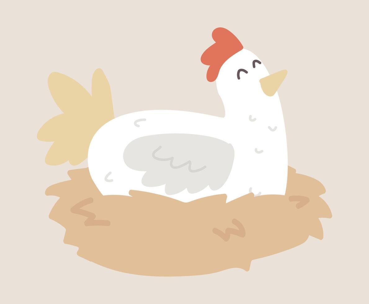contento pollo se sienta en huevos nido en plano diseño. aves de corral granja con linda gallina. ilustración aislado. vector