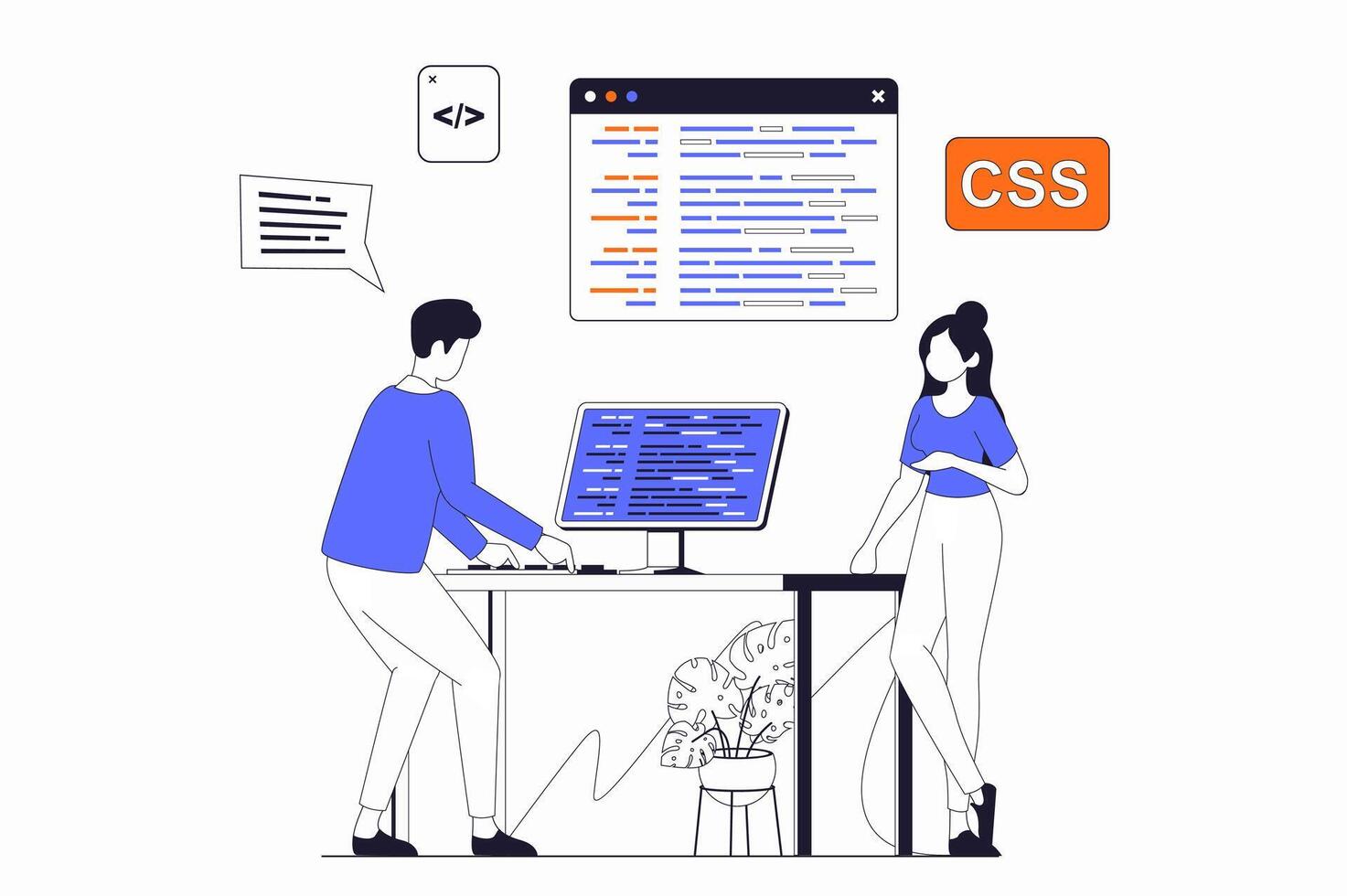 desarrollo y programación concepto con personas escena en plano contorno diseño. hombre y mujer escribir y prueba código y trabajando a computadora. ilustración con línea personaje situación para web vector