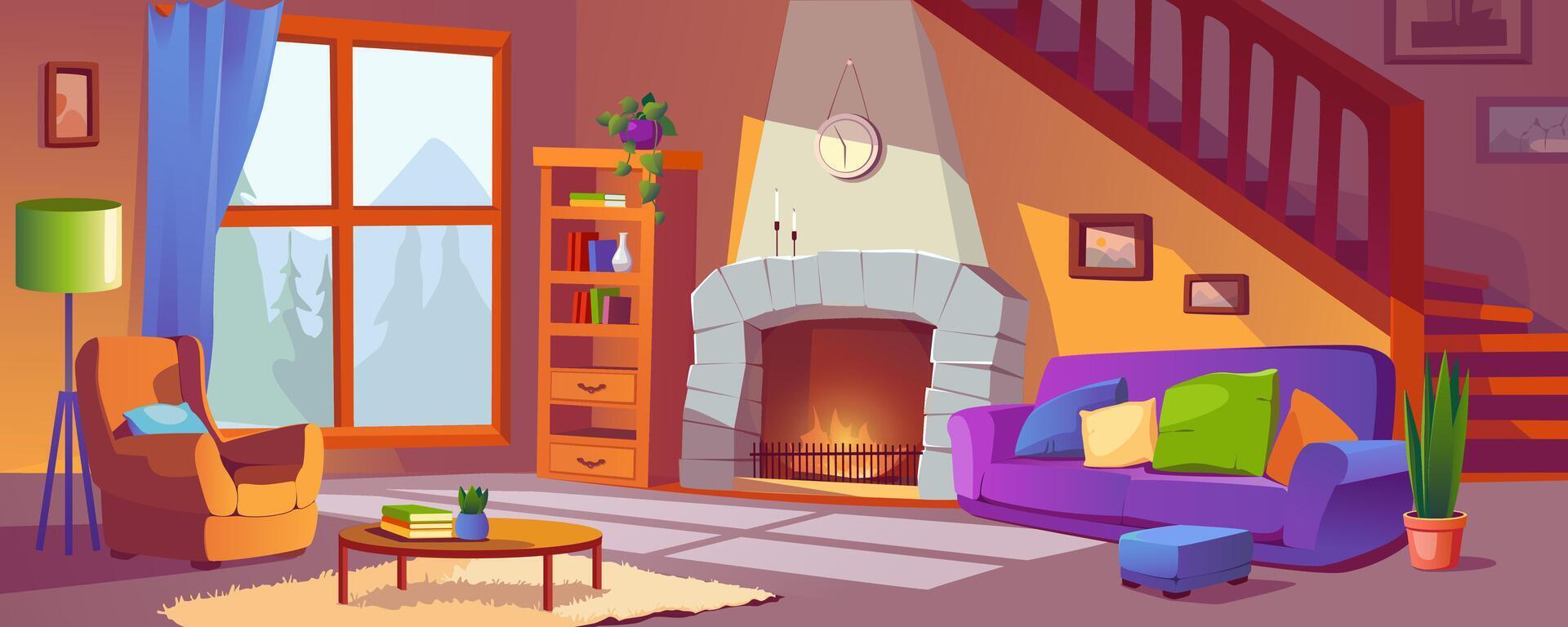 vivo habitación con hogar antecedentes bandera en dibujos animados diseño. clásico hogar interior con sofá y sillón, calentar fuego, estantería, de madera escalera y ventana, plantas de interior dibujos animados ilustración vector