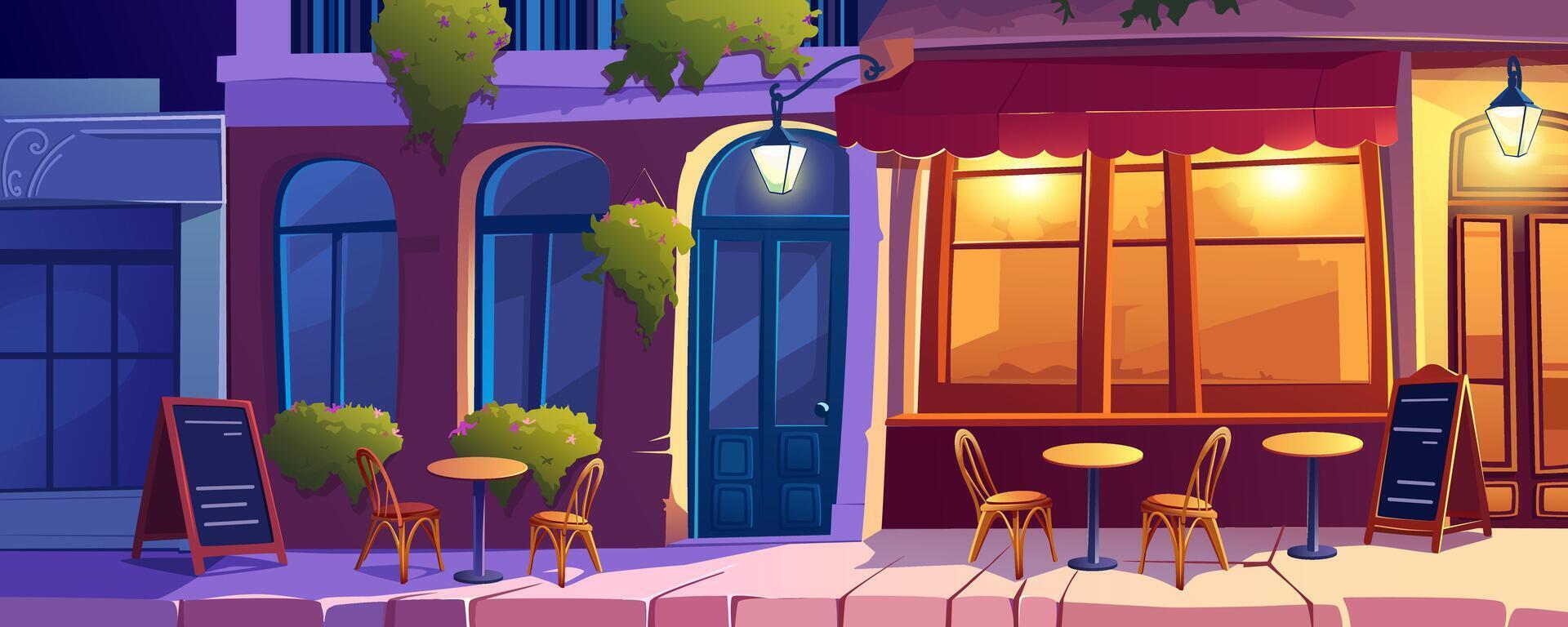 Night street cafe background banner in cartoon design. Outdoor restaurant dining area on sidewalk with tables and chairs under light lamps, storefront bistro and entrance. cartoon illustration vector