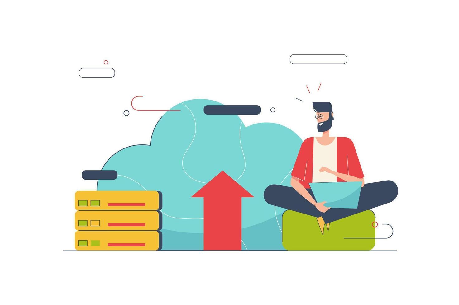 Cloud computing concept with people scene in flat cartoon design. Man using cloud technology for making backup, transfer files and processing data. illustration with character situation for web vector