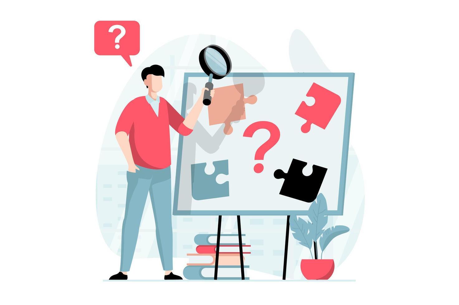 Finding solution concept with people scene in flat design. Man with magnifier examines problem, assembles puzzle, solves jigsaw and finds answers. illustration with character situation for web vector