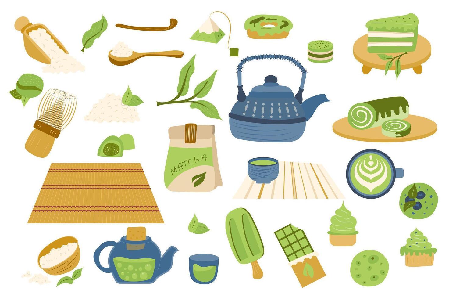 Matcha tea set with cute cartoon elements in flat design. Bundle of matcha powder, packaging bag, cake, leaf, green chocolate, ice cream, cup, tea pot and other isolated stickers. illustration. vector