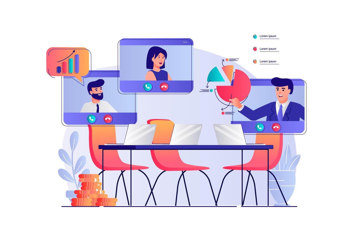 business conference concept with people scene. Man and woman colleagues discuss work tasks in group chat at online meeting. illustration with characters in flat design for web vector