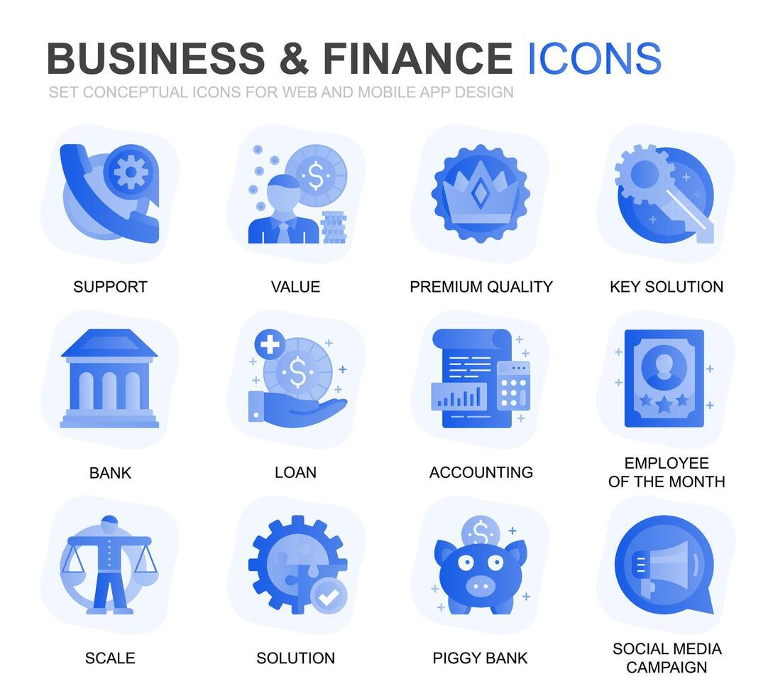 Modern Set Business and Finance Gradient Flat Icons for Website and Mobile Apps. Contains such Icons as Analysis, Money, Accounting, Strategy, Bank. Conceptual color flat icon. pictogram pack. vector