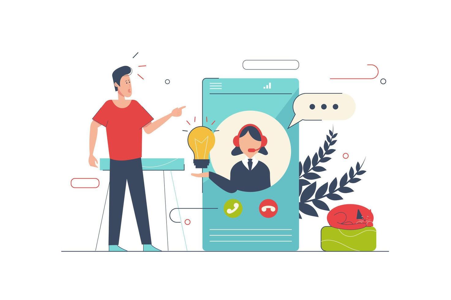 Customer support concept with people scene in flat cartoon design. Man talking with operator by mobile phone. Woman generates ideas and solutions. illustration with character situation for web vector