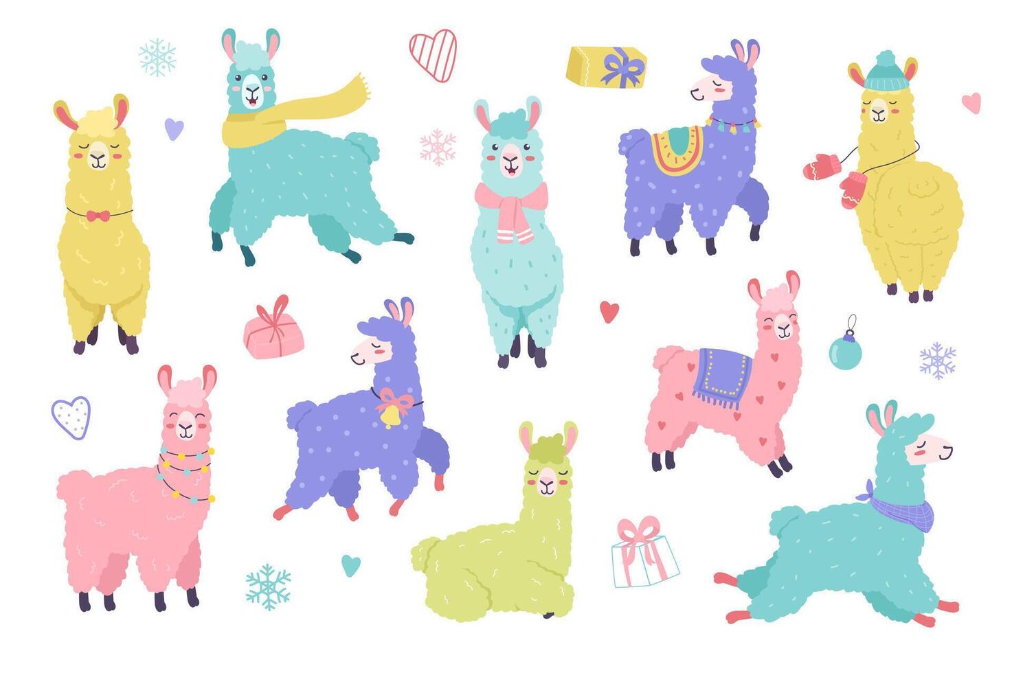 linda llamas en Navidad conjunto con dibujos animados elementos en plano diseño. haz de vistoso contento lamas con bufandas, sombreros, campanas, regalos, copos de nieve y otro decoración aislado pegatinas ilustración. vector