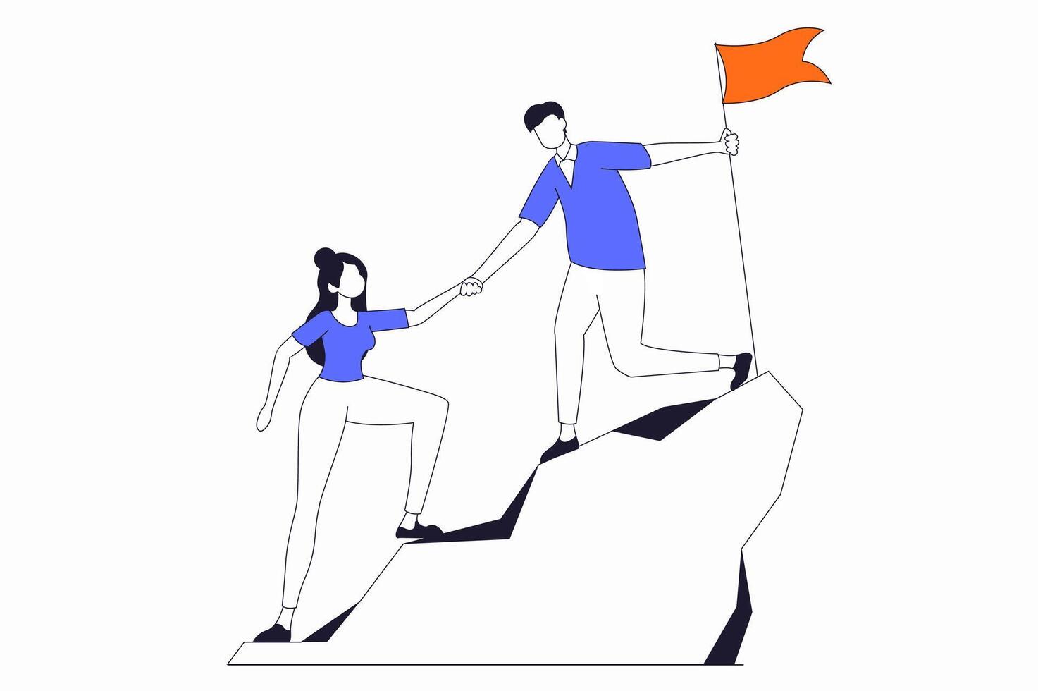 liderazgo concepto con personas escena en plano contorno diseño. hombre y mujer escalada montaña y conjunto bandera en arriba, lograr éxito negocio objetivos. ilustración con línea personaje situación para web vector