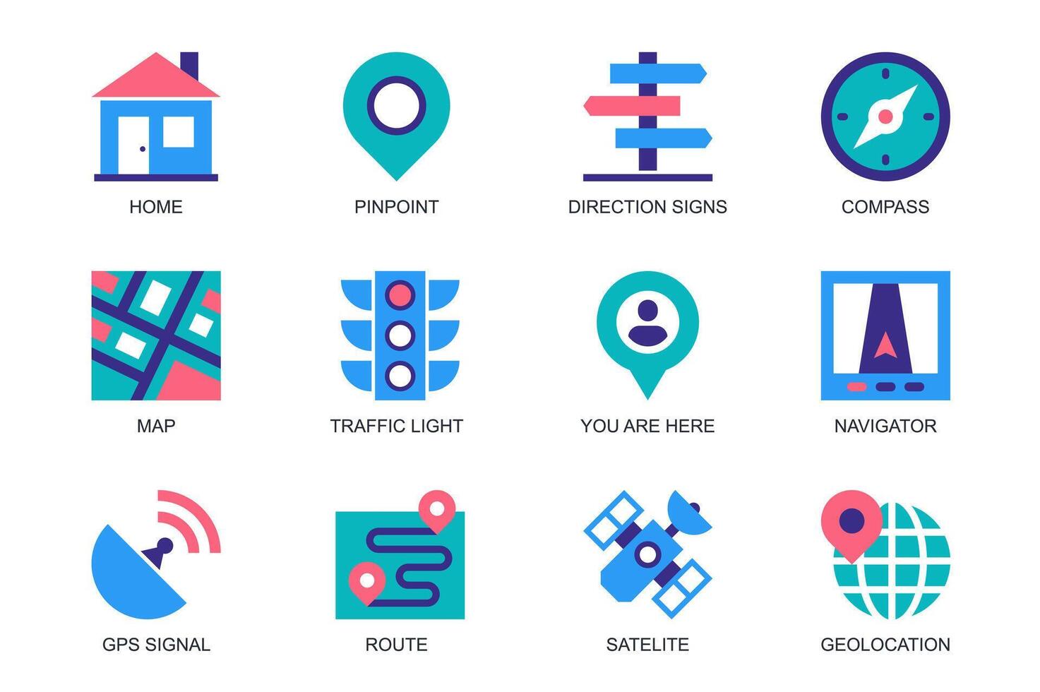 navegación concepto de web íconos conjunto en sencillo plano diseño. paquete de hogar, determinar con precisión, dirección señales, Brújula, mapa, tráfico luz, navegador, GPS señal, satélite. pictogramas para móvil aplicación vector