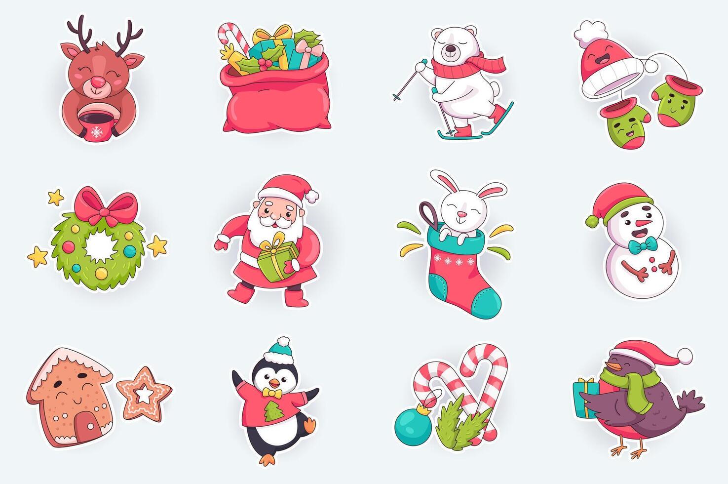 Christmas cute stickers set in flat cartoon design. Happy reindeer drinks cocoa, bag of gifts, polar bear on skis, Santa Claus, wreath and other. illustration for planner or organizer template vector