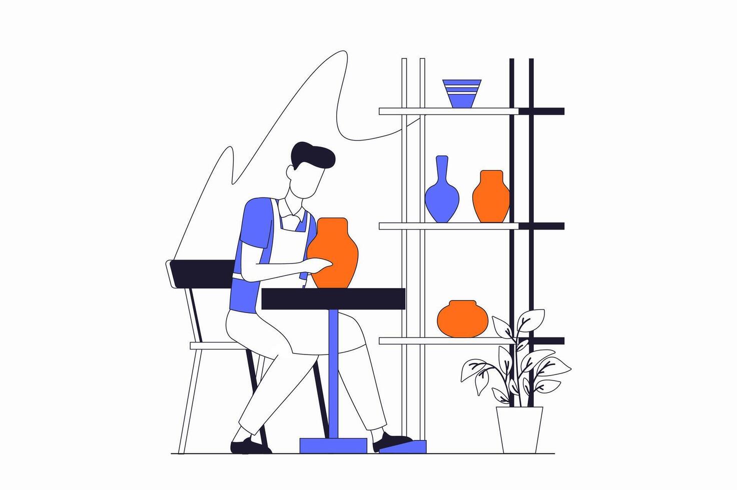 Hobby concept with people scene in flat outline design. Man in apron is engaged in pottery and creates clay vases and earthenware in studio. illustration with line character situation for web vector