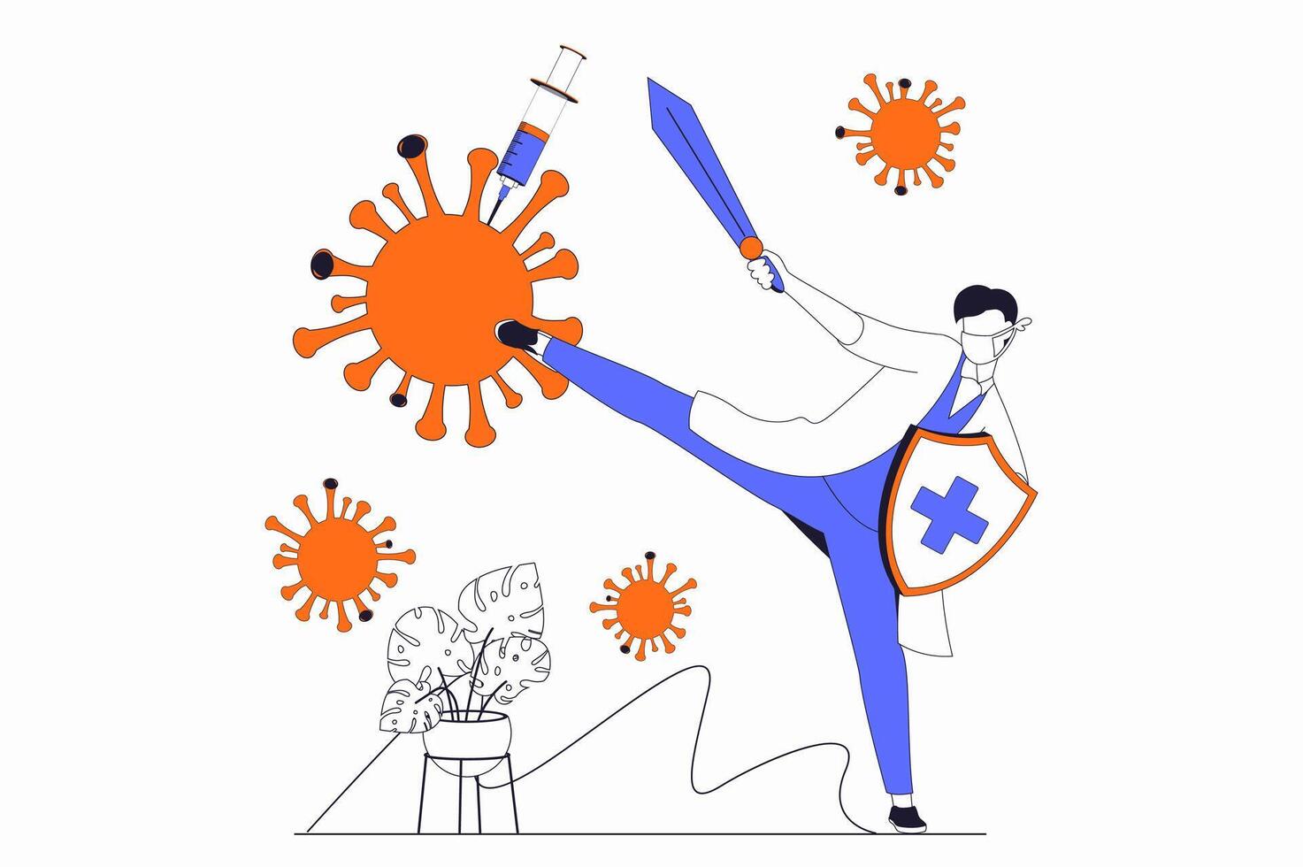 Coronavirus concept with people scene in flat outline design. Doctor with sword and shield fights virus and protects health and immunity. illustration with line character situation for web vector