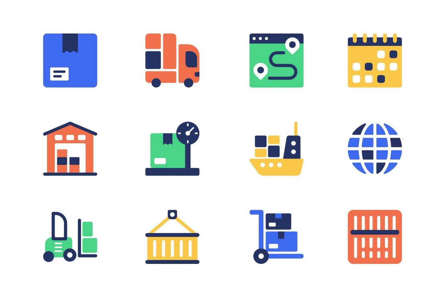 Envío concepto de web íconos conjunto en sencillo plano diseño. paquete de parcela, camión, logístico, ruta seguimiento, calendario, depósito, peso, envío, máquina elevadora y otro. pictogramas para móvil aplicación vector