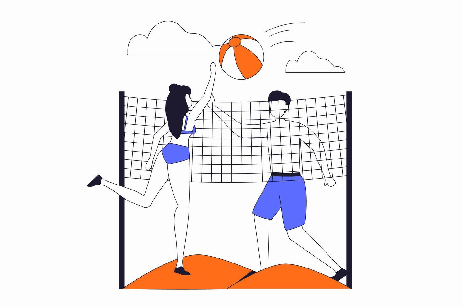 Travel vacation concept with people scene in flat outline design. Woman and man playing beach volleyball and having active rest at sea resort. illustration with line character situation for web vector