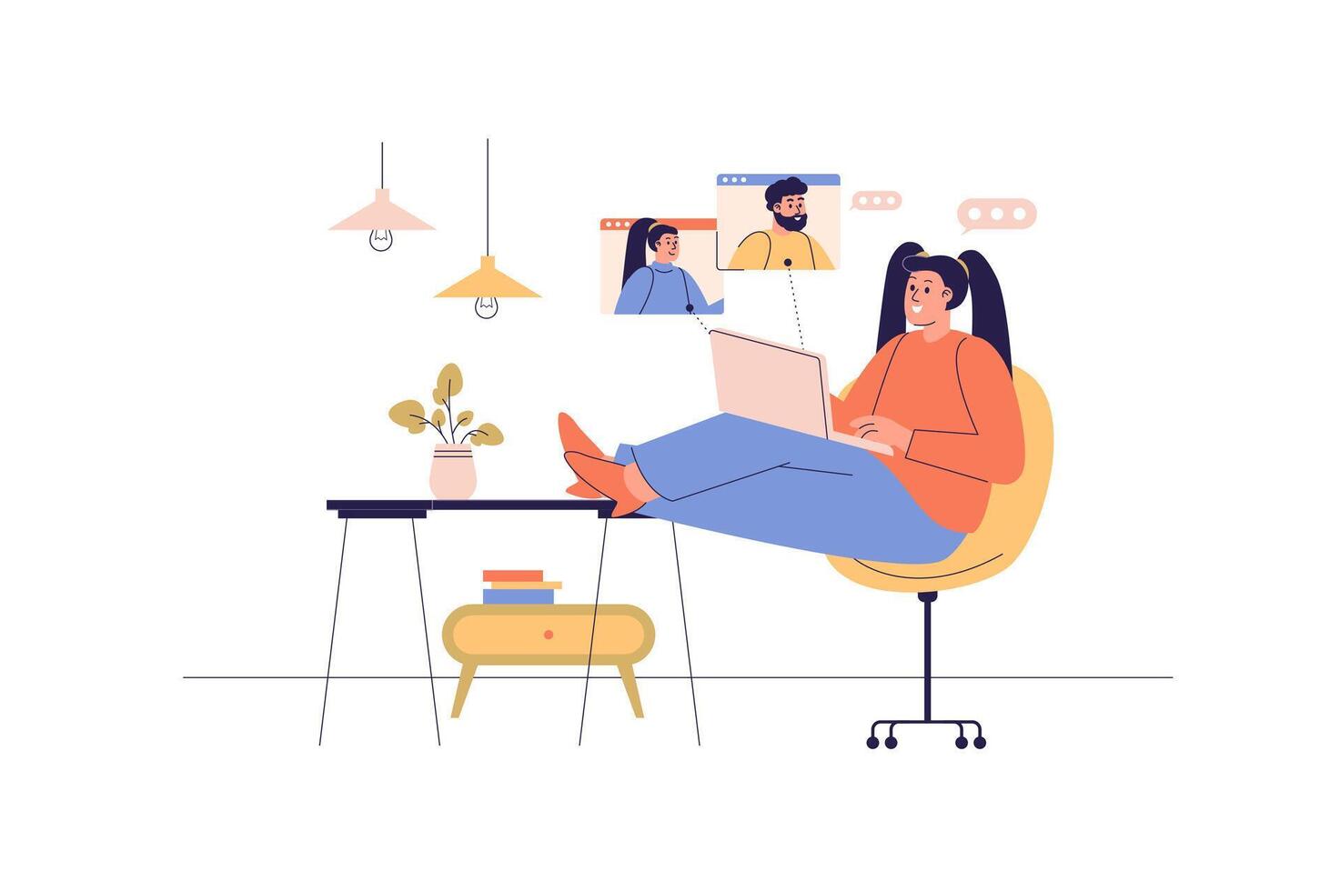 conference web concept with people scene. Woman communicate with friends via calling. Colleagues meeting online using laptop app. Character situation in flat design. illustration. vector