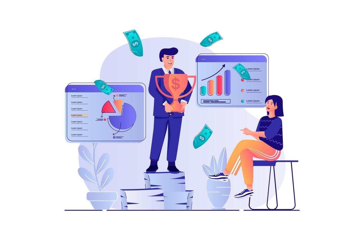 Business award concept with people scene. Man celebrating victory with trophy cup, woman congratulates colleague, teamwork and achieve goals. illustration with characters in flat design for web vector