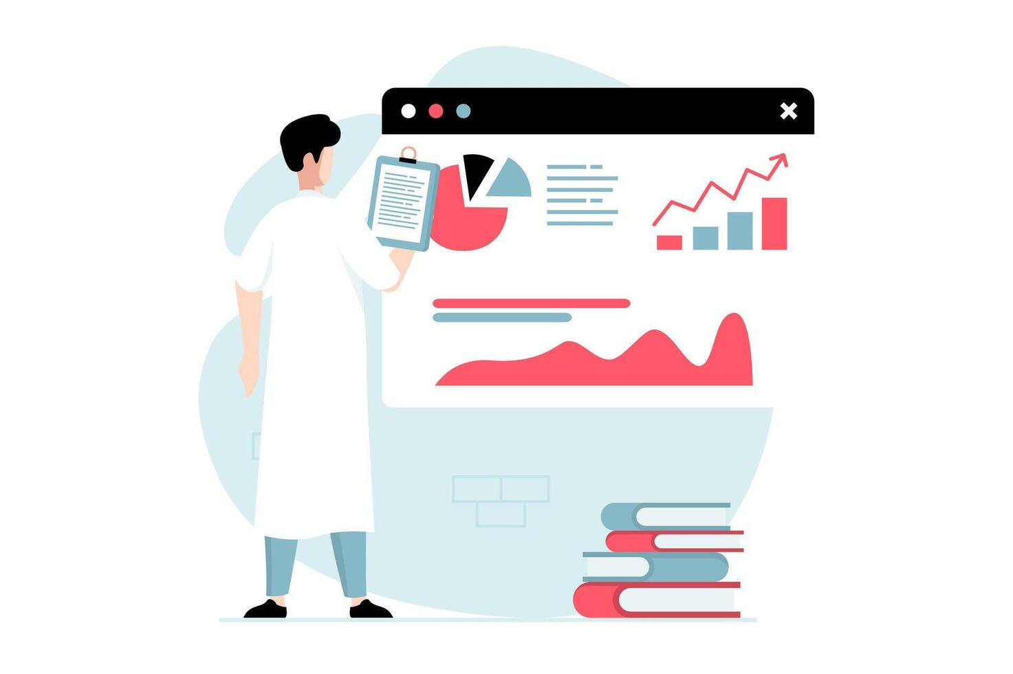 Data science concept with people scene in flat design. Man scientist making new research and working with diagram, charts and graphs at screen. illustration with character situation for web vector