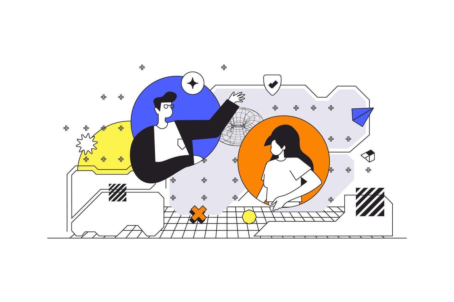 Cyberspace management web concept in flat outline design with characters. Man and woman interacts with online storage system, manage digital files and documents, people scene. illustration. vector