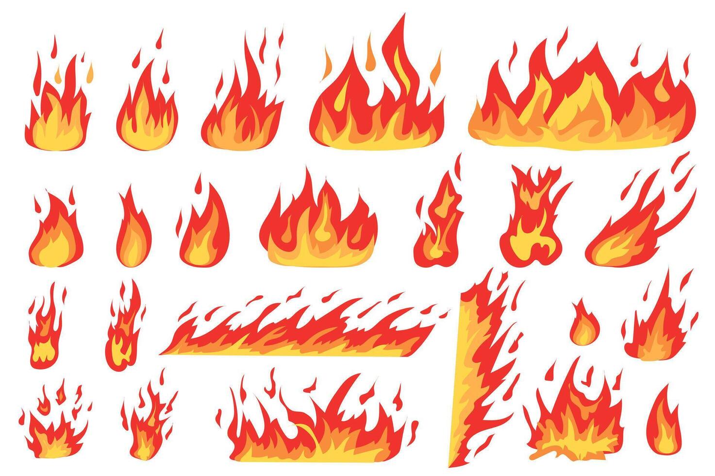 ardiente incendios conjunto en dibujos animados diseño. haz de diferente tipos de fuego efectos en rojo y naranja colores, llameante bolas de fuego, fuego fatuo borde, hoguera otro aislado plano elementos. ilustración vector