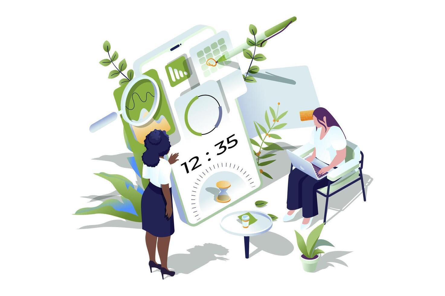 Time management web concept in 3d isometric design. People keeps 