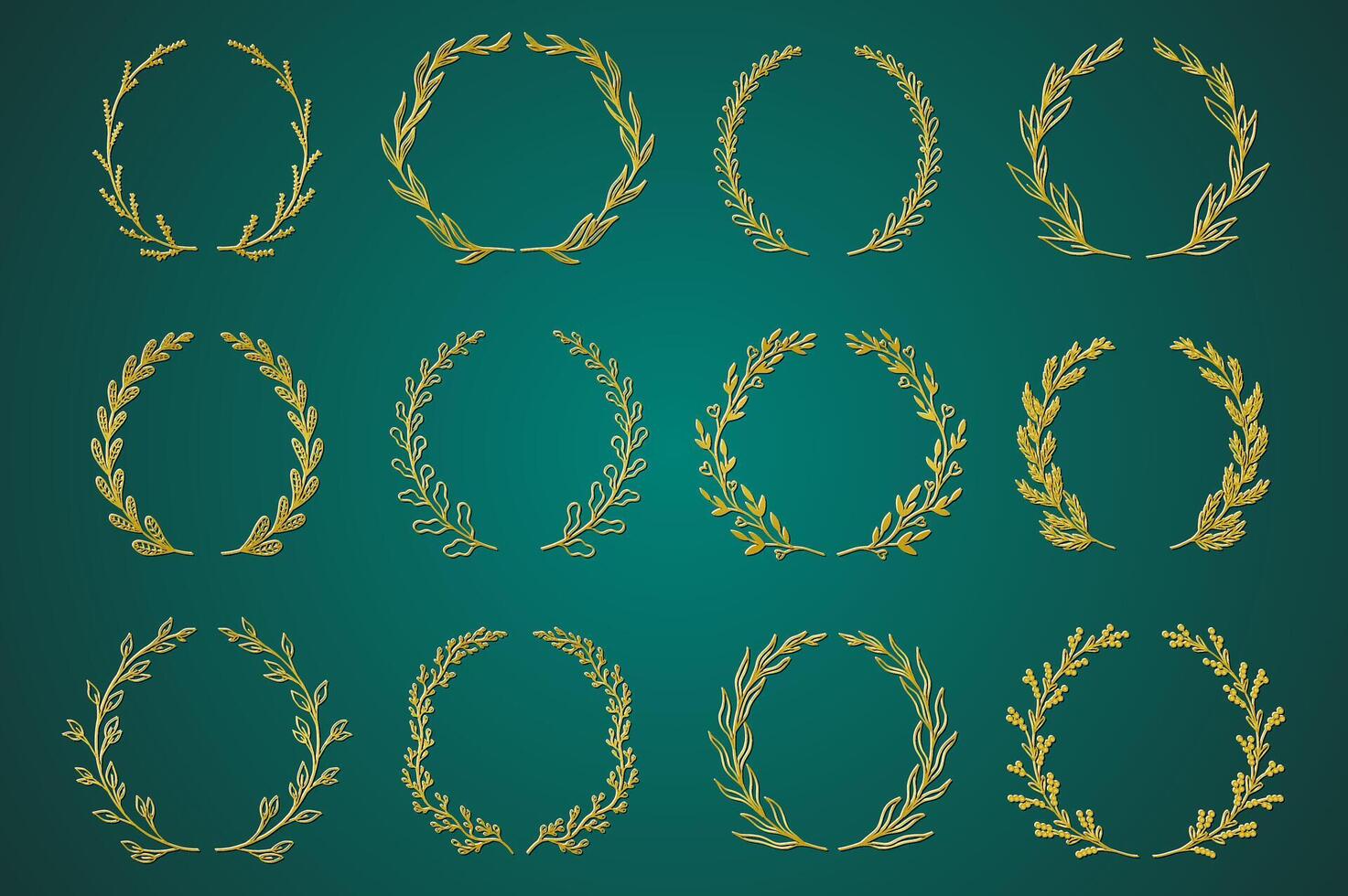 Gold ornamental branch wreathes set in hand drawn design. Laurel leaves wreath and decorative branch bundle. Collection of differen herbs, twigs, flowers and plants curl elements. decoration. vector